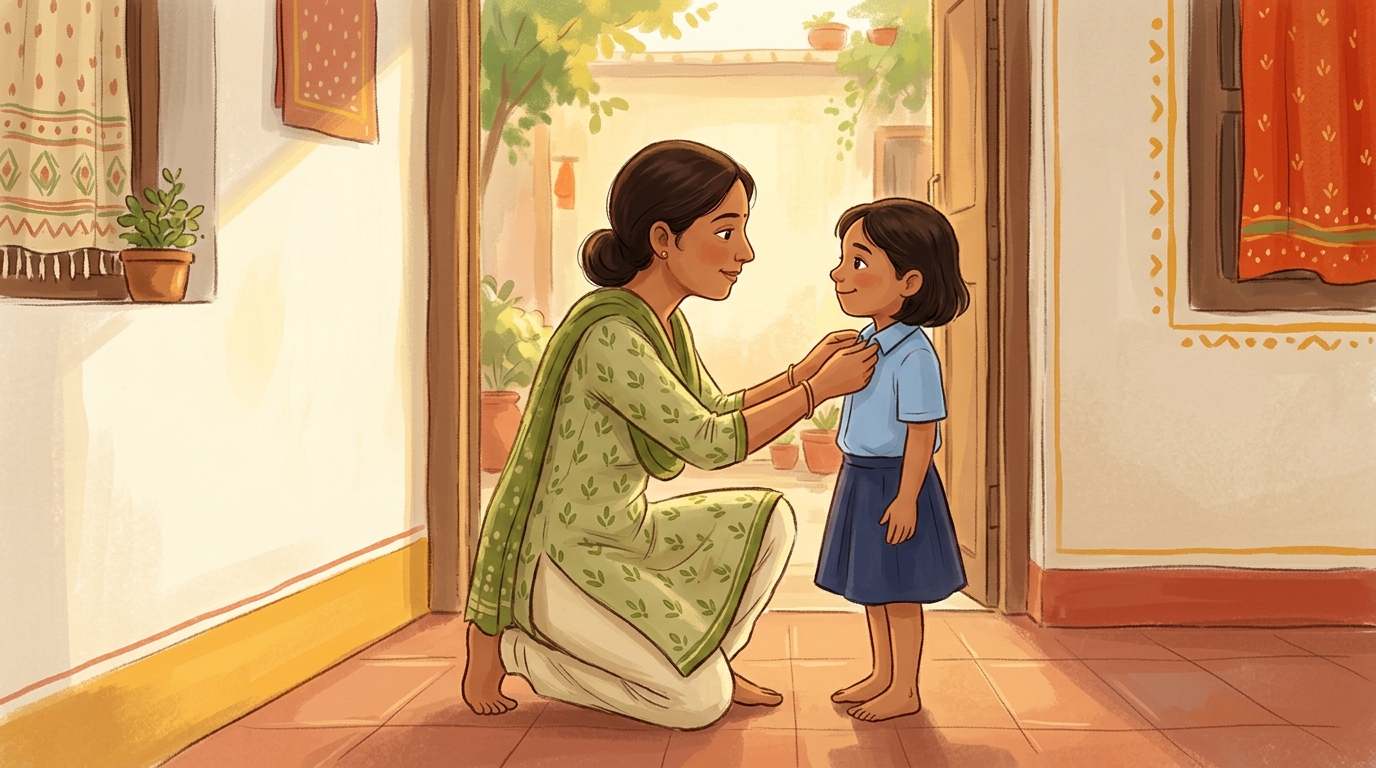 A mother gently fixing her child's school uniform collar