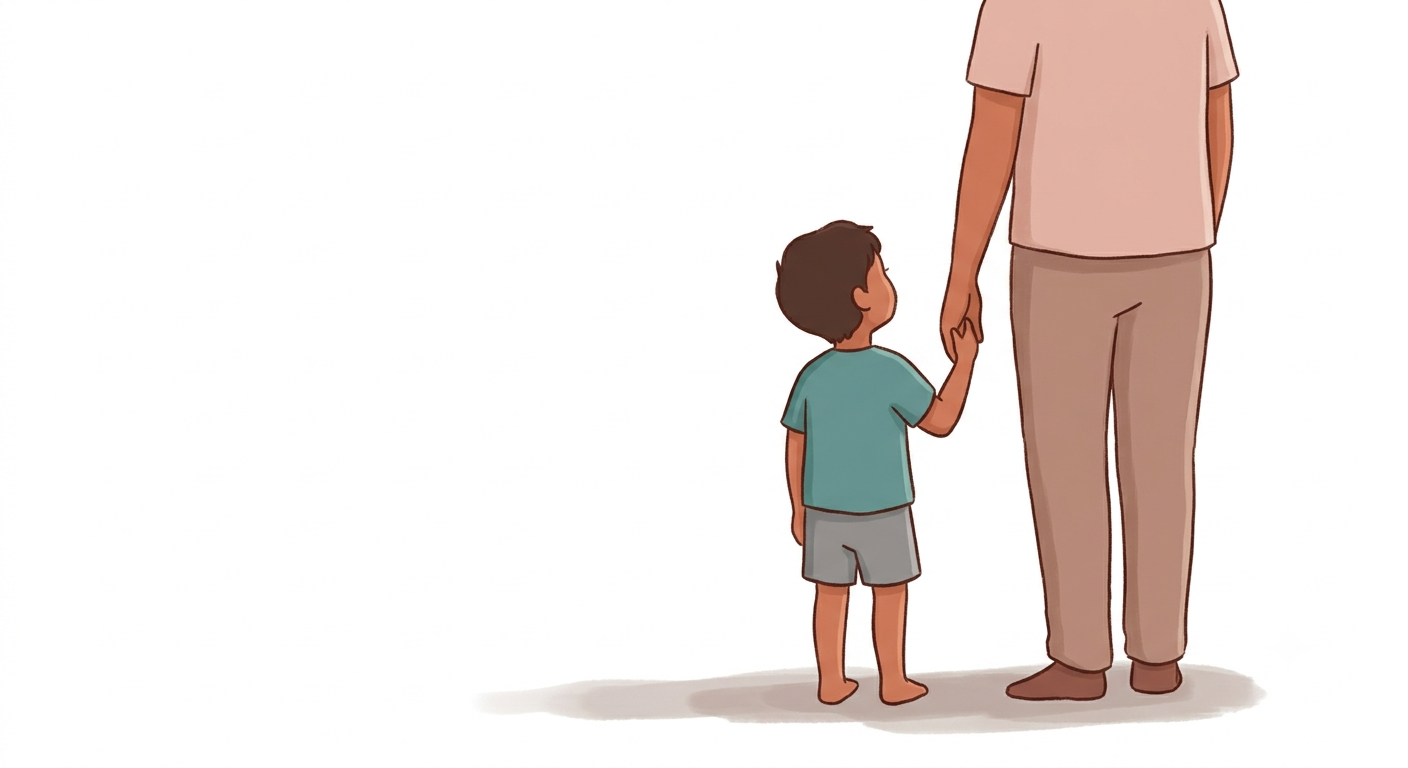 A parent and child standing together, holding hands